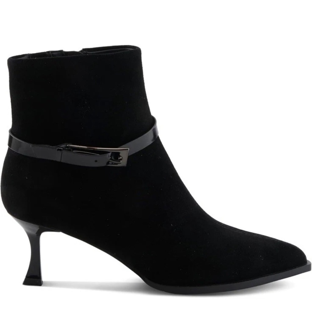 Pointed Black Suede Ankle Boot with Low Stiletto Heel